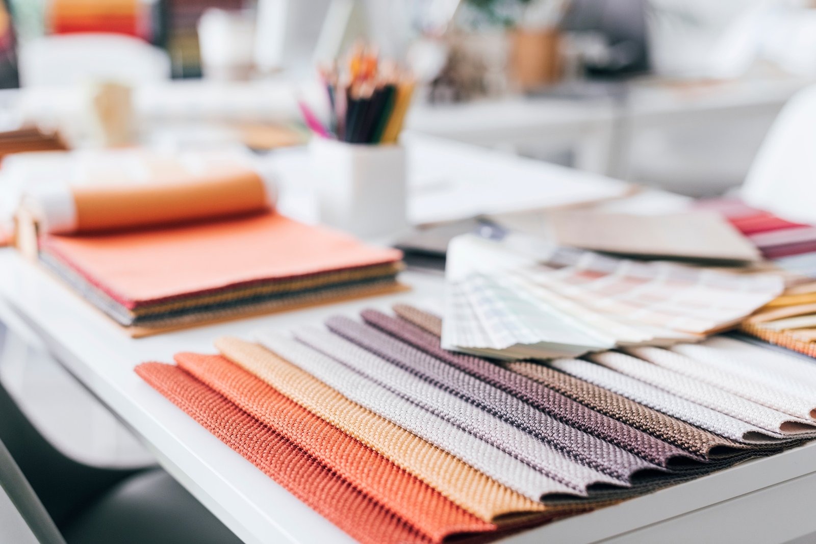 Interior designer desk with fabric swatches